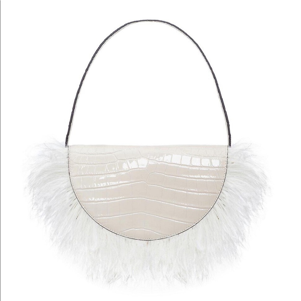 STAUD
Cream Amal Croc-Embossed Leather Feathered Shoulder Bag
